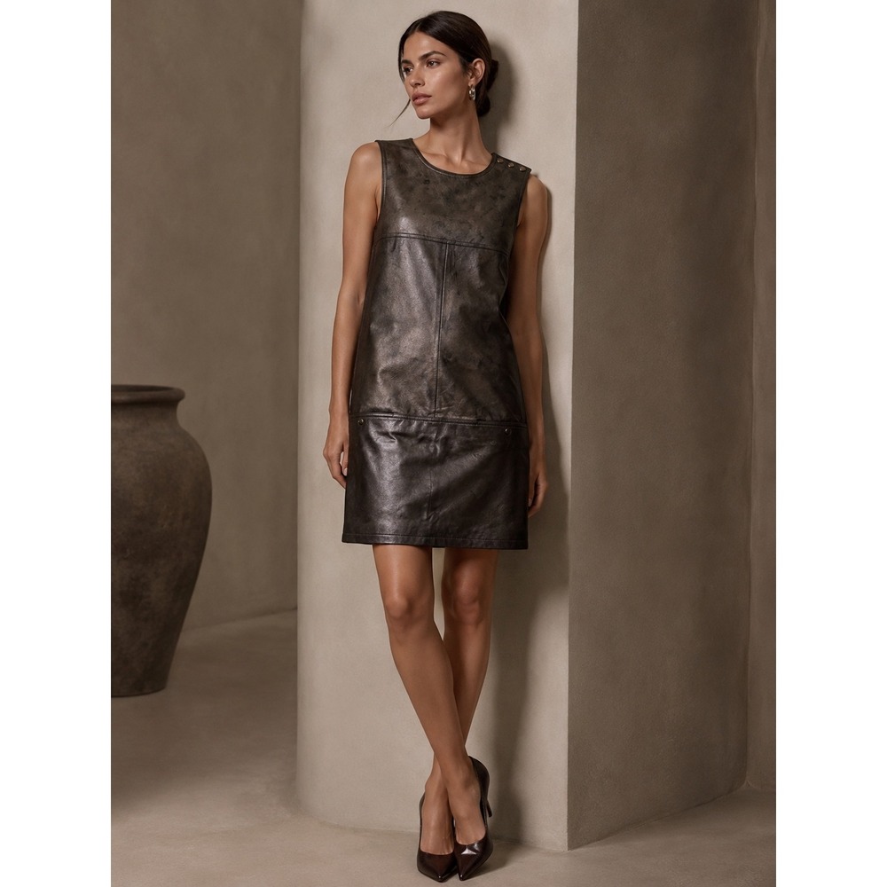 Tomas Maier Metallic Distressed Leather Shift Mini Dress‎ Gray Size 2 Italy